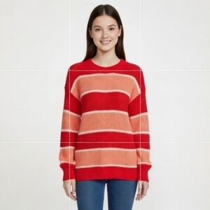 Wythe NY Wide Striped Orange Coral Crew Neck Chunky Cozy Sweater Sz Medium
